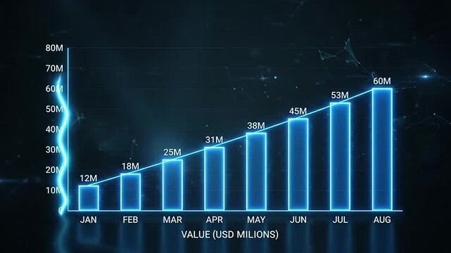 A glowing blue digital bar chart showing financial growth trends