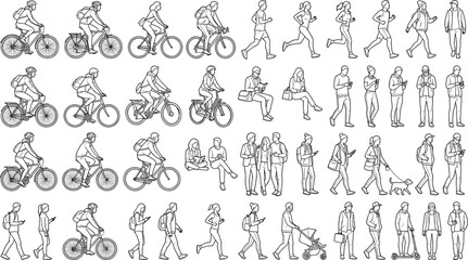 Obraz premium Black and white line drawings of people in everyday urban activities including walking, cycling, jogging, and modern mobility