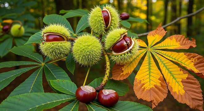 Spiky Horse Chestnut Burrs Revealing Glossy Brown Seeds on Autumn Branch in Forest