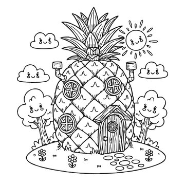 Pinaple Cute Fruit House Coloring Pages for Kids, Kawaii Fruit Cottages Bundle
