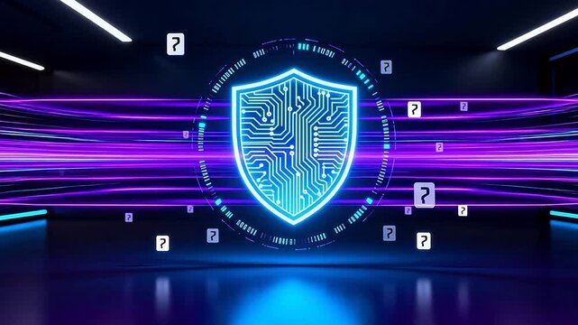 Digital shield with circuit design and question marks