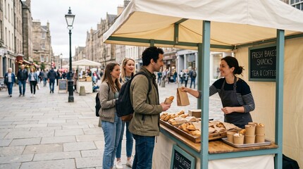Fototapeta premium Food stall vendor serving customers in busy Edinburgh street 
