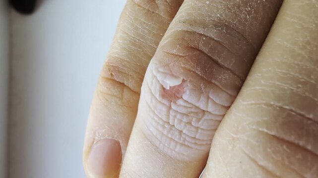 Close-up of human finger with visible skin peeling and dry skin texture, showing an injured area on a knuckle, potential sign of a wart or skin irritation problem
