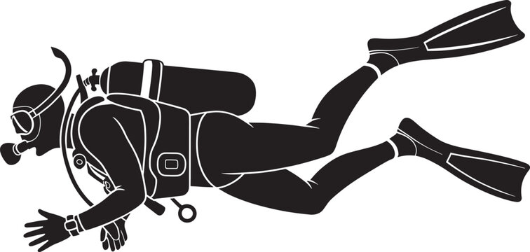 Scuba diver silhouette swimming with tank and fins isolated on transparent background vector graphic.