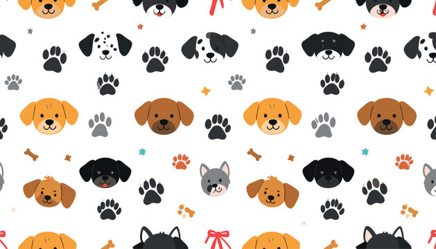 Cute puppy dog faces seamless pattern vector background featuring cartoon puppy heads, paw prints, and bones for wrapping paper, textile, or fabric design.