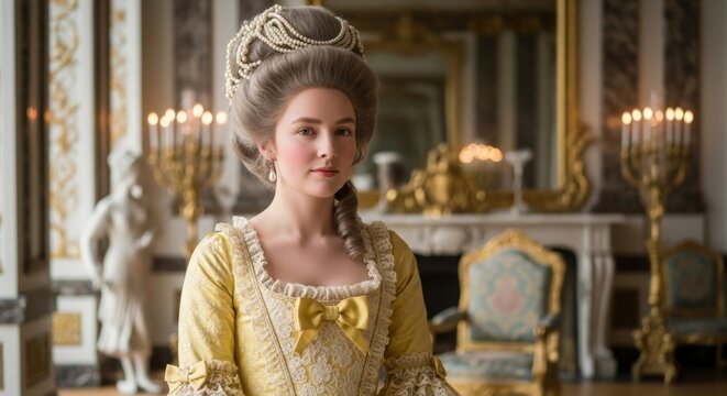 Elegant portrait of Marie Antoinette in luxurious Rococo palace interior inspired by eighteenth-century French royalty