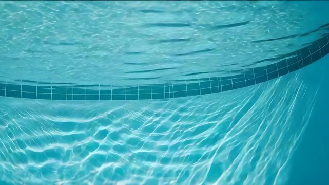 Underwater view of a swimming pool with clear blue water, showing the tiled wall edge and light caustic patterns on the floor