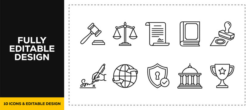flat vector illustration line art icon bundle set design displaying legal justice systems official law courts authorized documents trials and judging scales graphics UI