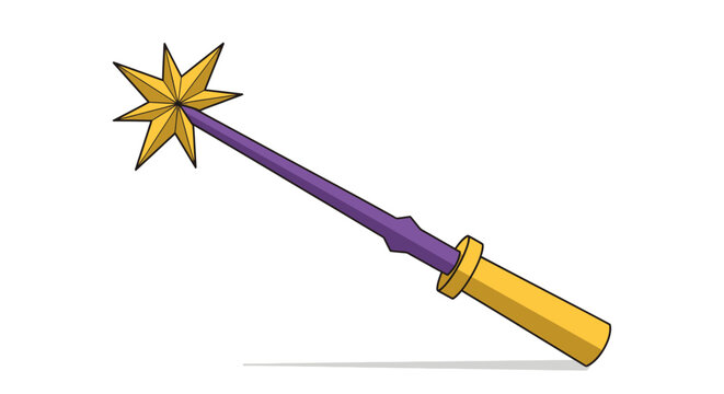 Whimsical cartoon magic wand illustration featuring a sparkling golden star, a vibrant purple shaft, and a golden handle, perfect for fantasy themes and enchantment.