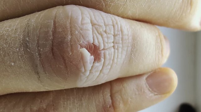 Macro shot of open wound on finger revealing raw skin layer surrounded by dry and textured epidermal surface, medical view of skin trauma and injury condition