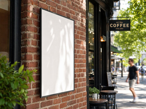 Blank white poster mockup for lively neighborhood cafe advertising on rustic red brick wall with soft leafy shadows and copy space
