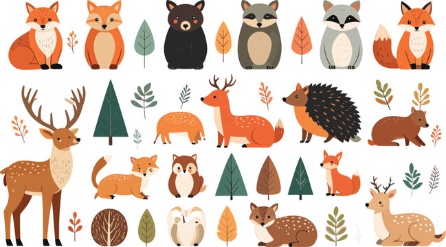 Cute woodland forest animals vector set with fox deer bear raccoon hedgehog owl and autumn trees elements isolated on white background