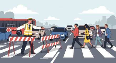 Obraz premium Traffic Police Officer Directing Pedestrians and Cars at a Crosswalk