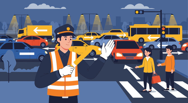 Traffic policeman directing cars and pedestrians at a busy intersection at night.