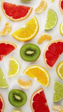 Fresh citrus fruit slices pattern background top view orange grapefruit lemon lime kiwi slices flat lay healthy eating food design.