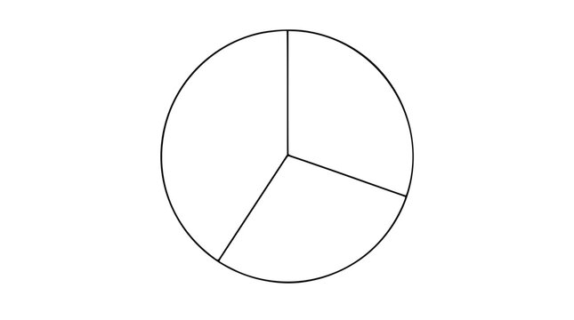 Simple three segment pie chart vector icon, hand traced black outline circle for business analytics, statistics reports, dashboards, percentages, finance presentations, and scalable infographics