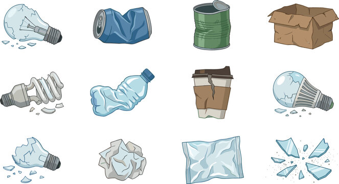 Detailed vector illustration set of crushed and broken household waste items including plastic bottles crumpled paper shattered lightbulbs and cans for recycling themes