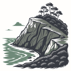 Stylized ink and color of a steep coastal cliff with green vegetation and trees overlooking the sea with waves crashing on rocks © Mia1000