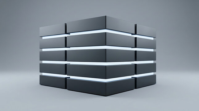 Abstract dark grey cubic structure with glowing light gaps between layers on a neutral background