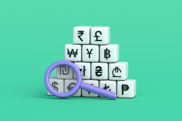 Obraz premium Monetary policy scrutiny. World currency research. Global investment review. Magnifying glass near money symbols. 3d render