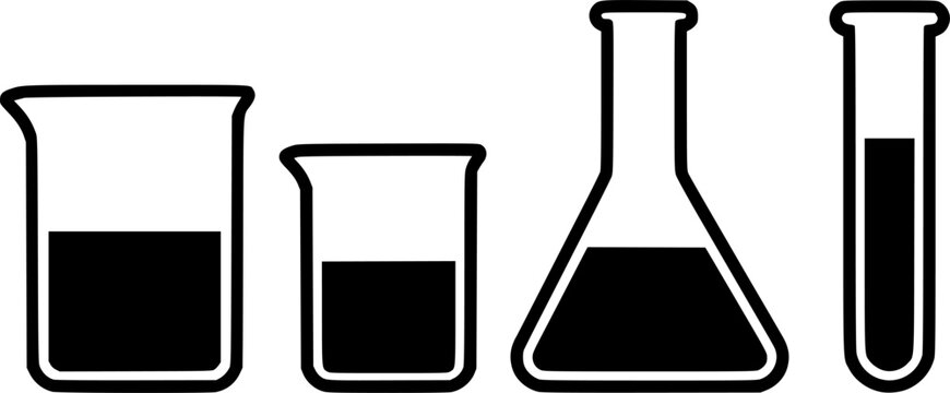 Chemistry beakers with Erlenmeyer flask and test tube holding chemicals flat vector icon for science apps and websites
