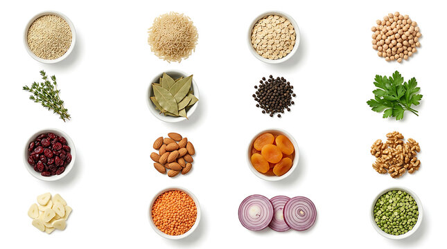 View of various healthy ingredients in small white bowls arranged on a clean white background