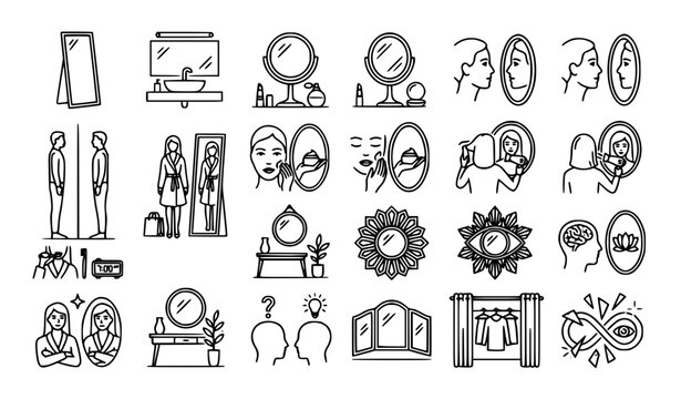 Person standing in front of mirror vector icon set with reflection grooming self care and bathroom mirror symbols