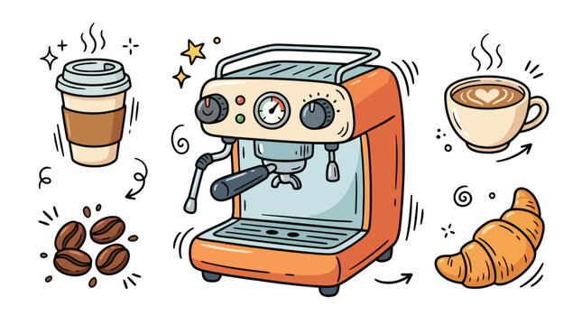 Coffee maker machine doodle vector illustration set with espresso cup disposable takeaway container roasted beans and delicious baked croissant