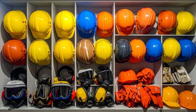 Colorful Safety Helmet and Protective Gear Arranged in Industrial Storage Shelves