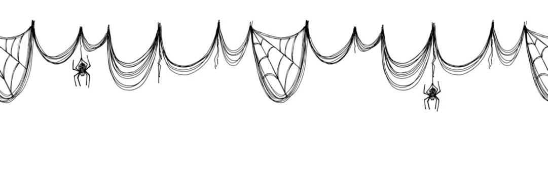 Seamless black-and-white border with a spiderweb. A grunge-style graphic illustration for Halloween posters and interior d&eacute;cor.