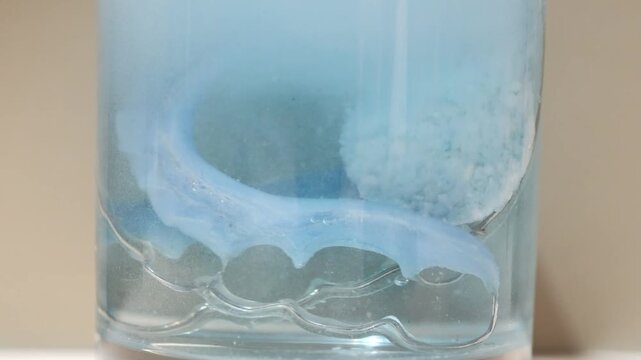 A dental retainer soaks in a glass of water as an effervescent tablet dissolves. Bubbles rise and the water becomes cloudy during the cleaning process.