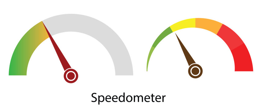 Risk meter or speed indicator sign. Speedometer icon, vector set.  Low, Medium, High or fast speed sign. Vector illustration.