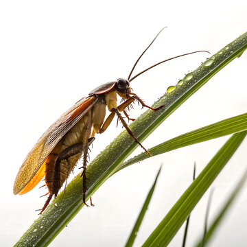 Macro photograph of a cockroach on a blade of grass with morning dew.