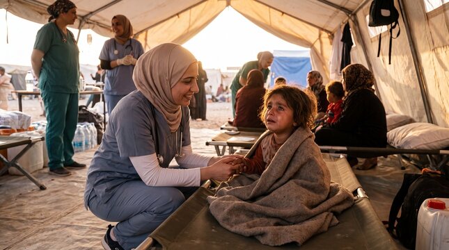 Compassionate Humanitarian Healthcare Worker Comforting Child Patient in Refugee Camp Medical Clinic