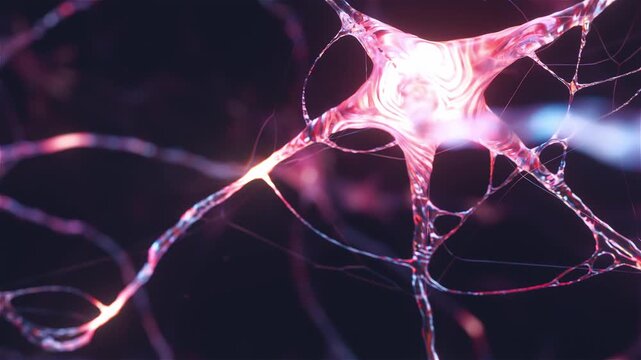 Abstract neuron cell network activity fly through, 3d render seamless loop animation of pulsing brain synapse connections, 4K