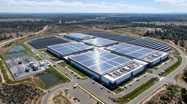 Aerial View of a Data Center Campus Topped With Vast Rooftop Solar Panel Arrays and Surrounding Solar Fields Under a Bright Sky Renewable Energy Cloud Facility