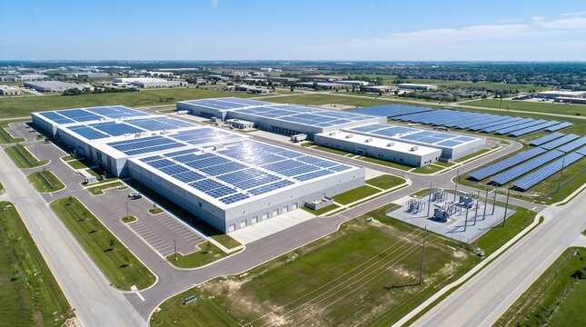 Aerial View of a Data Center Campus Topped With Vast Rooftop Solar Panel Arrays and Surrounding Solar Fields Under a Bright Sky Renewable Energy Cloud Facility