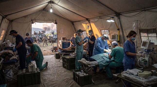 Military Field Hospital Surgeons and Doctors Treating Wounded Soldiers in a Combat Zone Medical Tent
