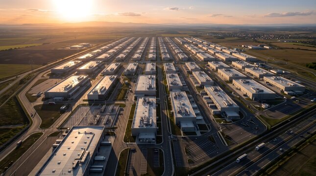 Vast Data Center Campus Stretching to the Horizon Across an Arid Plain With Endless Rows of Server Halls and Cooling Ponds at Sunset Hyperscale Cloud Facility