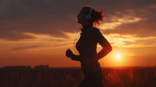Silhouette side view of young female runner jogging in nature during beautiful golden sunset while listening to music with headphones.