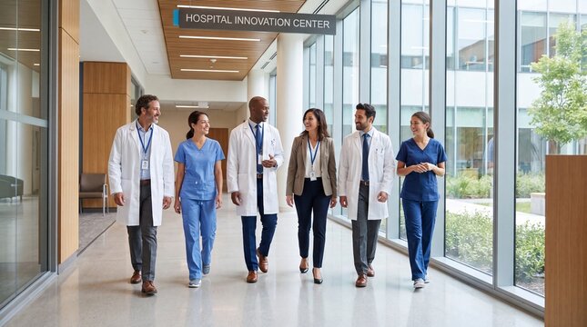 Diverse Medical Team Walking Through Modern Hospital Innovation Center, Healthcare Professionals Collaborating in Advanced Medical Facility