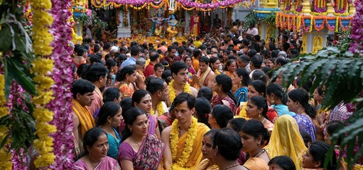 Fototapeta premium Colorful temple scene showcasing lively rituals, traditional clothing, and joyful devotees celebrating Krishna Janmashtami.