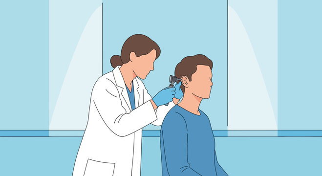 Doctor examining patient's ear with otoscope, medical consultation, healthcare concept