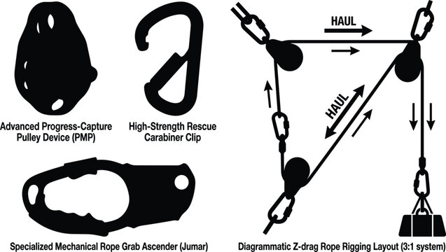 Technical Rescue Z Drag Rope Rigging System with Prusik Minded Pulley Carabiner and Ascender Vector Set