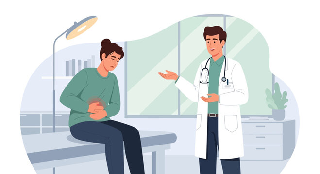 Doctor Talking to Patient with Stomach Pain in Medical Office
