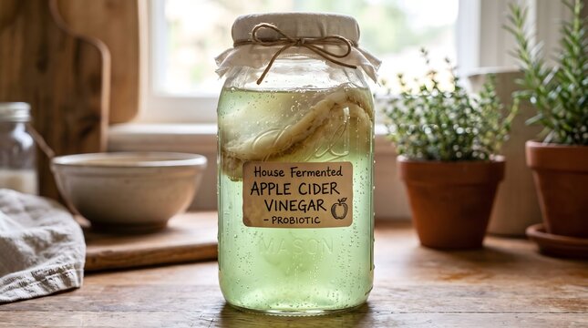 Artisan apple cider vinegar fermenting in a glass jar with natural ingredients showcasing a home brewing process for healthy organic beverages and culinary use in a rustic kitchen setting