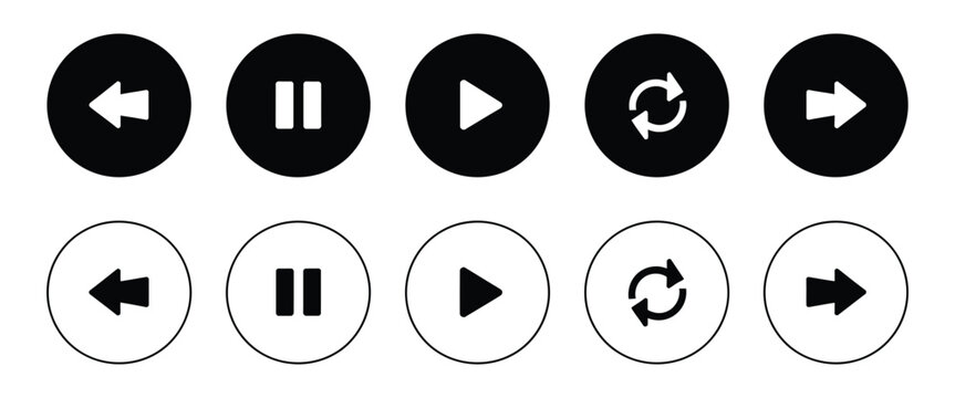 Play Pause icons in black circle outline styles with media player controls for stop, navigation, playback, and transparent background vector design.