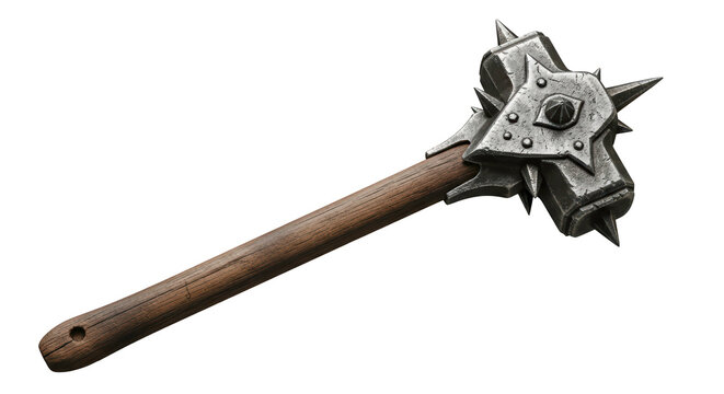 Spiked iron mace club head on wooden handle, historical weapons
