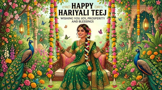 A smiling woman in a green saree sitting on a decorated wooden swing, surrounded by flowers, peacocks, and lush greenery celebrating the hariyali teej festival