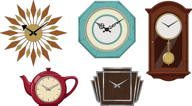 Vintage and retro vector illustration set of unique wall clocks including sunburst starburst art deco teapot shape and pendulum designs isolated on white background